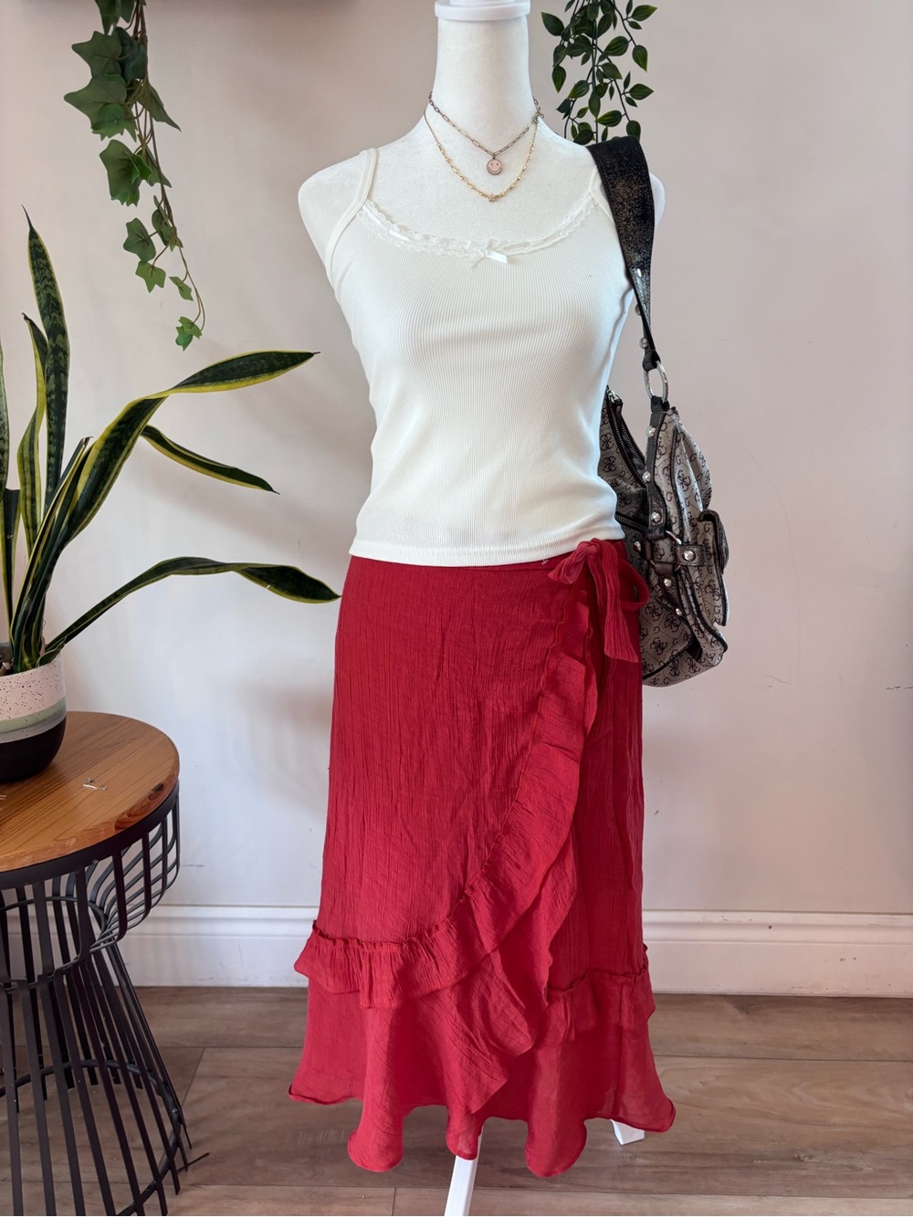 Women’s dark orange Ruffle Wrap Midi Skirt